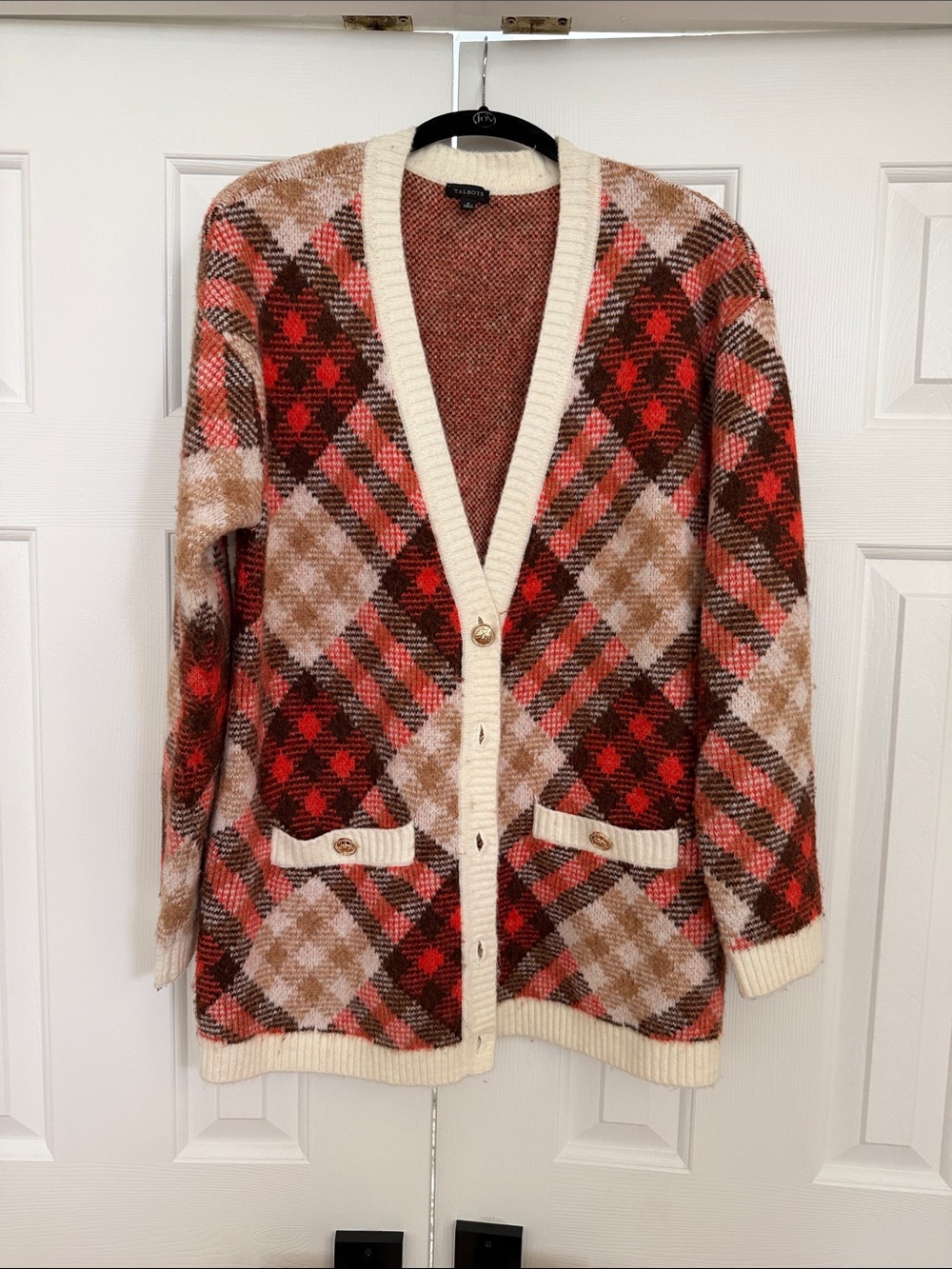 Talbots Cream, Brown & Red Argyle Knit Cardigan with Pockets